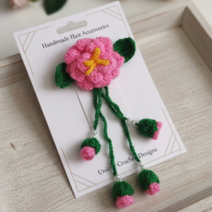 Handmade Crochet Ladies Hair Bow – Elegant & Eco-Friendly Hair Accessory Pink and Green