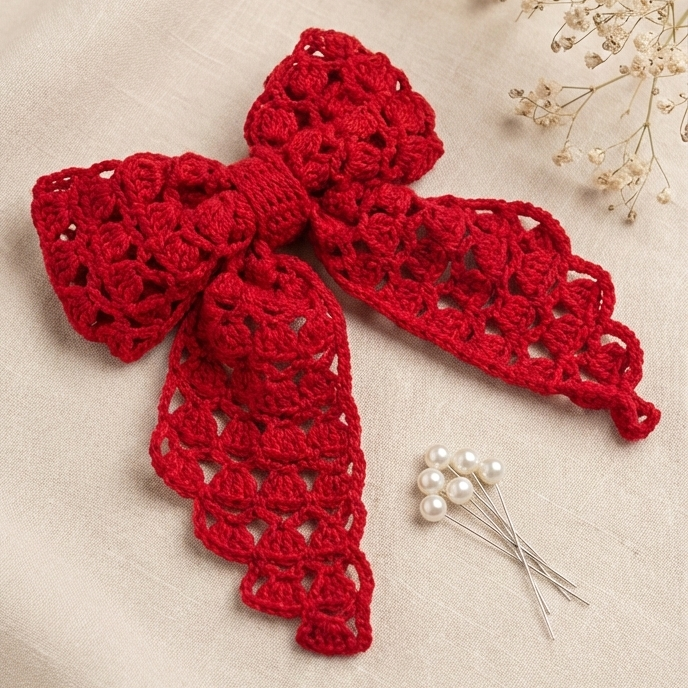Handmade Crochet Ladies Hair Bow – Elegant & Eco-Friendly Red
