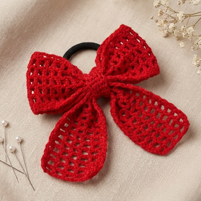 Handmade Crochet Girls Hair Bow – Elegant & Eco-Friendly Red