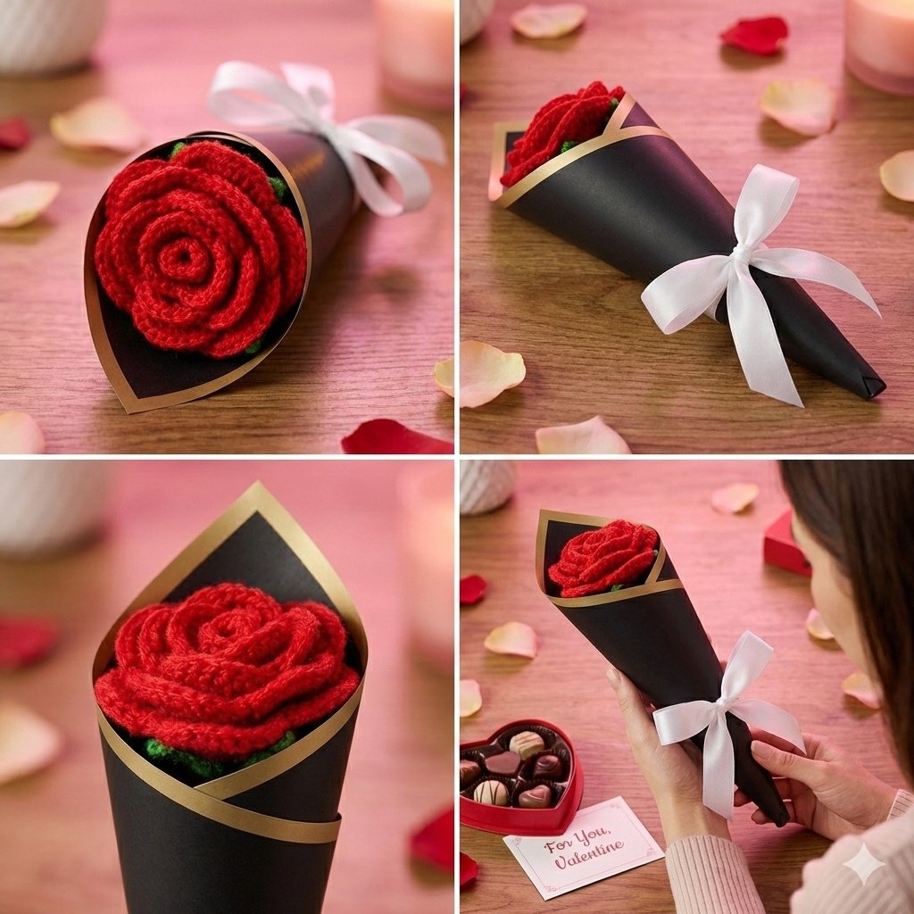 Handmade Crochet Red Rose – Eternal Wool Flower Gift for Valentine’s Day - Image 4