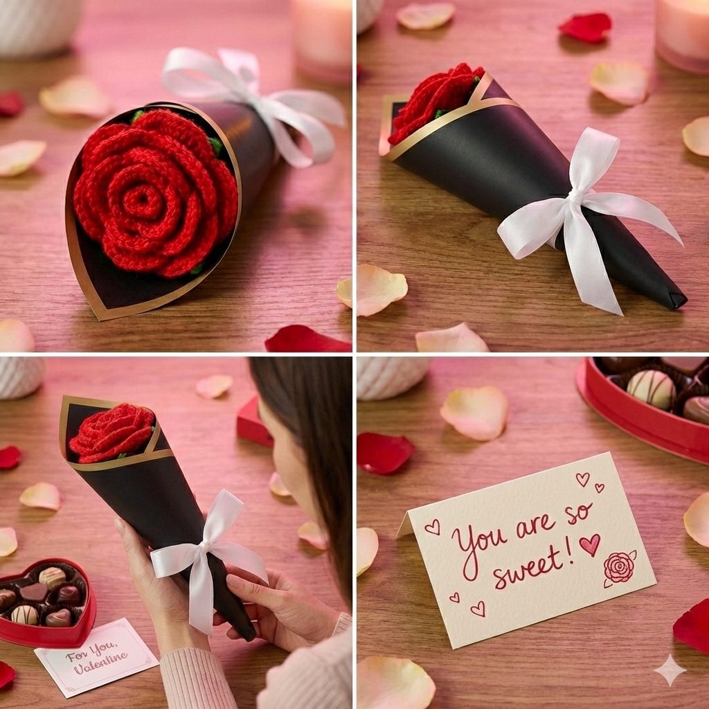 Handmade Crochet Red Rose – Eternal Wool Flower Gift for Valentine’s Day - Image 3